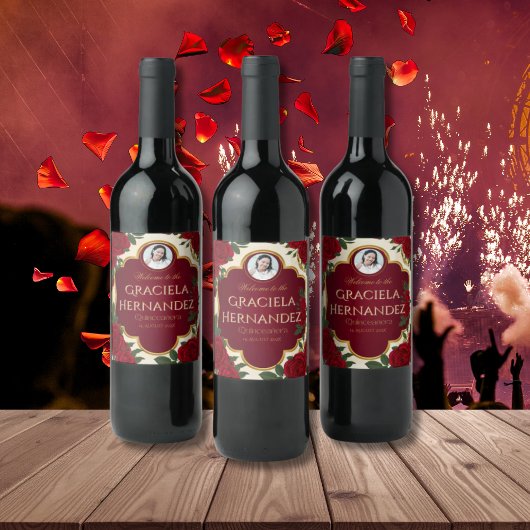 Elegant Burgundy Red & Gold Rose Quinceañera  ワインラベル