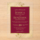 Elegant Burgundy Red & Gold Stylish Text Wedding アクリル招待状 (正面)