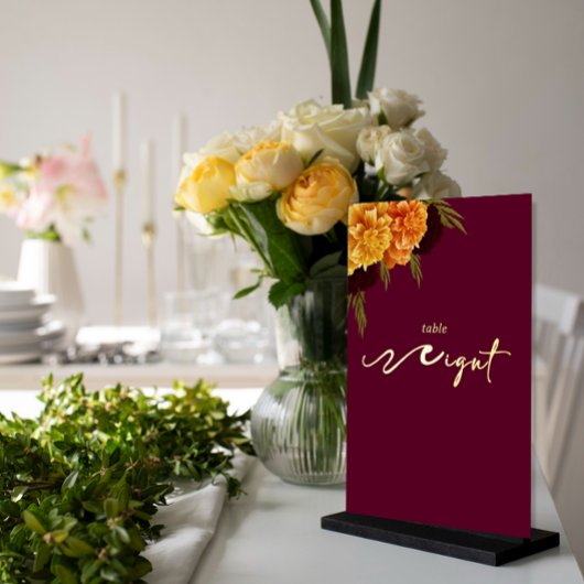 Elegant Burgundy Red  "MARIGOLD" Table Number 箔シーズンカード