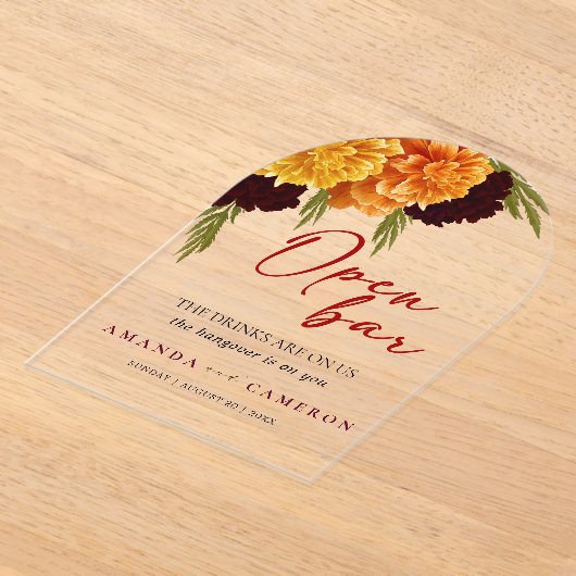 Elegant Burgundy Red  "MARIGOLD" Wedding Open Bar アクリル招待状 (レイダウン)