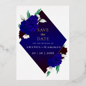 Elegant Burgundy Red Navy Blue "MARIGOLD" Wedding 箔招待状 (正面)