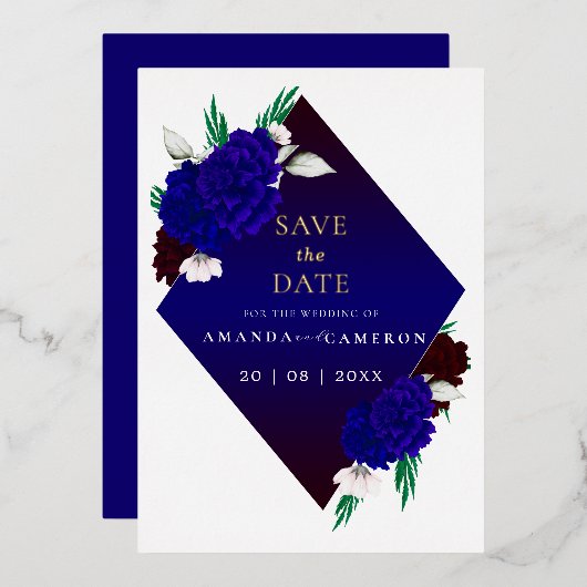 Elegant Burgundy Red Navy Blue "MARIGOLD" Wedding 箔招待状 (正面/裏面)