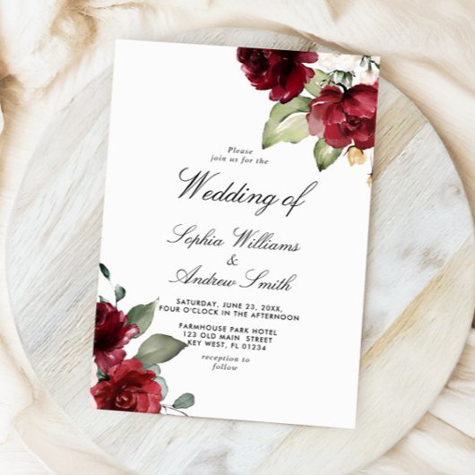Elegant Burgundy Red Rose Rustic Wood Wedding 招待状