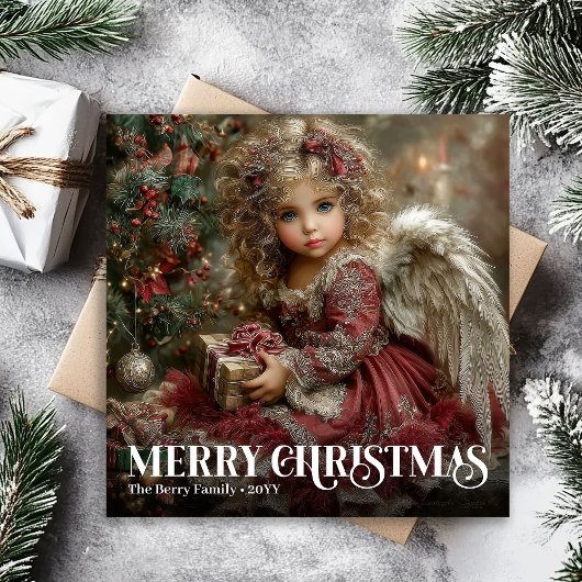 Elegant Burgundy Red Victorian Angel Christmas Car シーズンカード