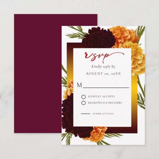 Elegant Burgundy Red Watercolor MARIGOLD Wedding  出欠カード (正面/裏面)