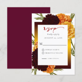 Elegant Burgundy Red Watercolor MARIGOLD Wedding 出欠カード