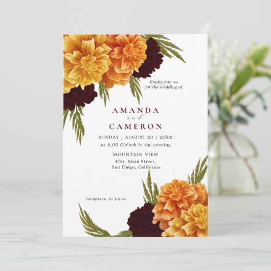 Elegant Burgundy Red Watercolor "MARIGOLD" Wedding 招待状 (スタンド正面)