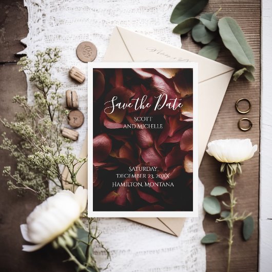 Elegant Burgundy Romantic Rose Save The Date Card セーブザデート