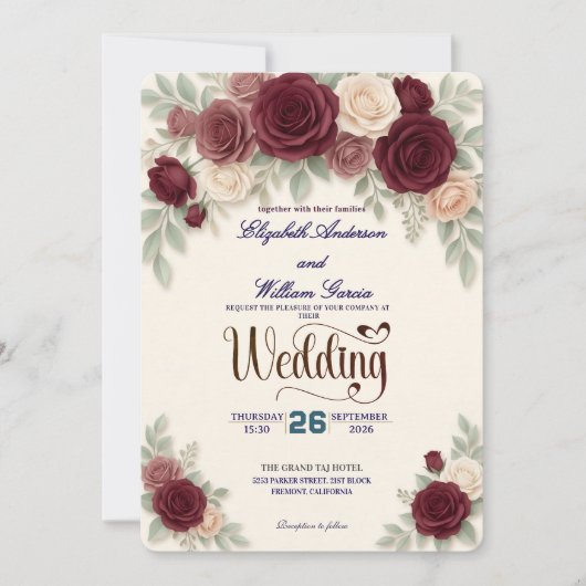 Elegant Burgundy Rose All In One QR Code Wedding 招待状 (正面)