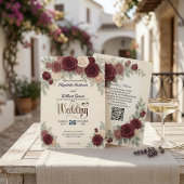 Elegant Burgundy Rose All In One QR Code Wedding 招待状