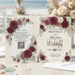 Elegant Burgundy Rose All In One QR Code Wedding 招待状