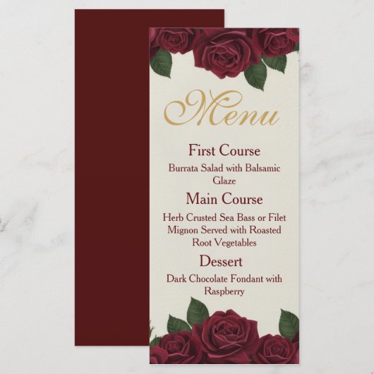 Elegant Burgundy Rose and Gold Floral Wedding Menu メニュー (正面/裏面)