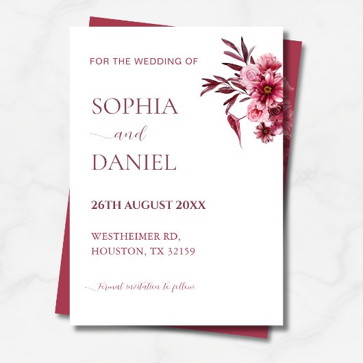 Elegant Burgundy Rose Floral Save the Date Card 招待状