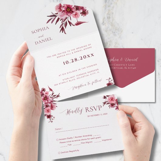 Elegant Burgundy  Rose Floral  Wedding Invitation  オールインワン招待状