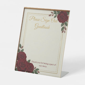 Elegant Burgundy Rose & Gold Guestbook Wedding Sig 台座サイン