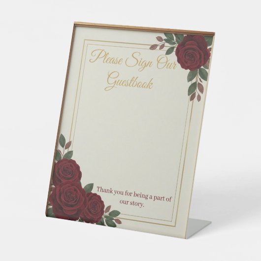 Elegant Burgundy Rose & Gold Guestbook Wedding Sig 台座サイン (正面)