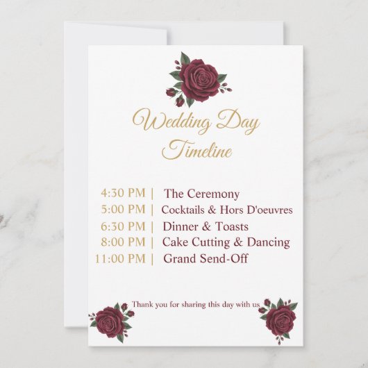 Elegant Burgundy Rose & Gold Wedding Day Timeline  (正面)