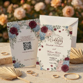 Elegant Burgundy Rose Modern QR Code Wedding 招待状