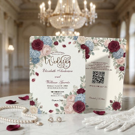 Elegant Burgundy Rose Modern QR Code Wedding 招待状