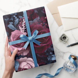 Elegant Burgundy Rose Navy Floral Pattern ラッピングペーパー