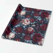 Elegant Burgundy Rose Navy Floral Pattern ラッピングペーパー (アンロールド)