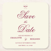 Elegant Burgundy Script Cream Ivory Bow Wedding スクエアペーパーコースター (正面)