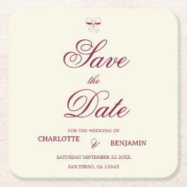 Elegant Burgundy Script Cream Ivory Bow Wedding スクエアペーパーコースター