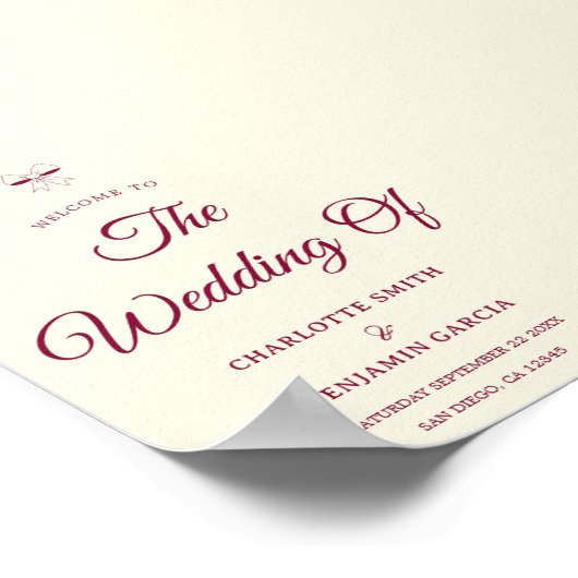Elegant Burgundy Script Cream Ivory Bow Wedding ポスター (角)
