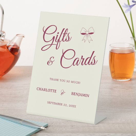 Elegant Burgundy Script Cream Ivory Bow Wedding 台座サイン (インサイチュ)
