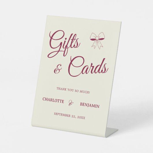 Elegant Burgundy Script Cream Ivory Bow Wedding 台座サイン (正面)