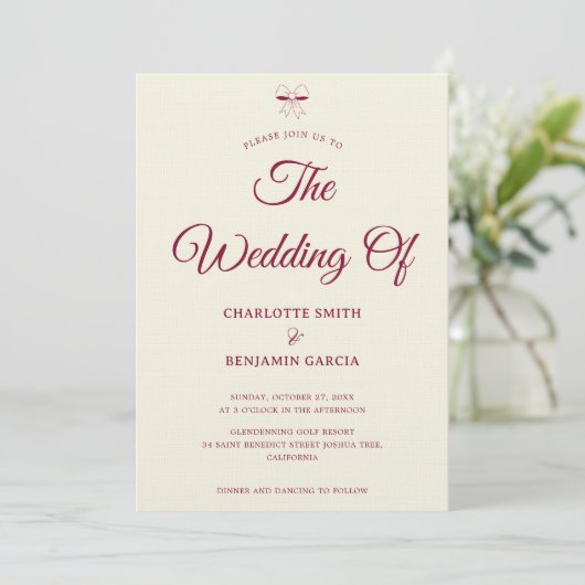 Elegant Burgundy Script Cream Ivory Bow Wedding 招待状 (スタンド正面)