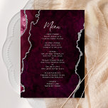 Elegant Burgundy Silver Agate Wedding Menu メニュー<br><div class="desc">This elegant modern wedding menu features a burgundy red watercolor agate background trimmed with faux silver glitter. The customizable text combines silver gray handwriting script and copperplate fonts. The reverse side features a matching burgundy and silver agate design.</div>