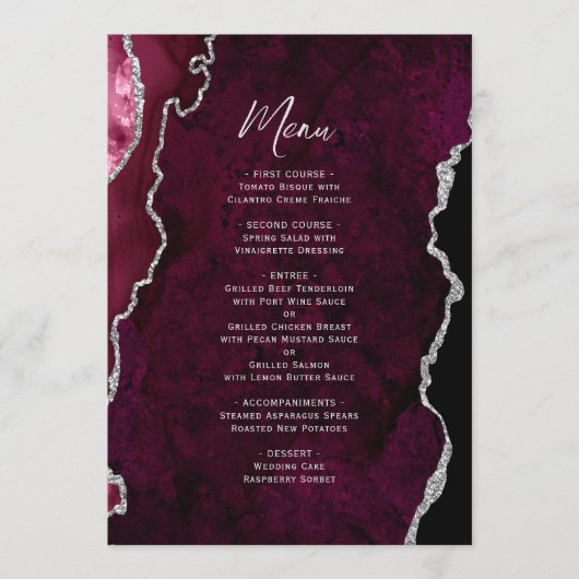 Elegant Burgundy Silver Agate Wedding Menu メニュー (正面)