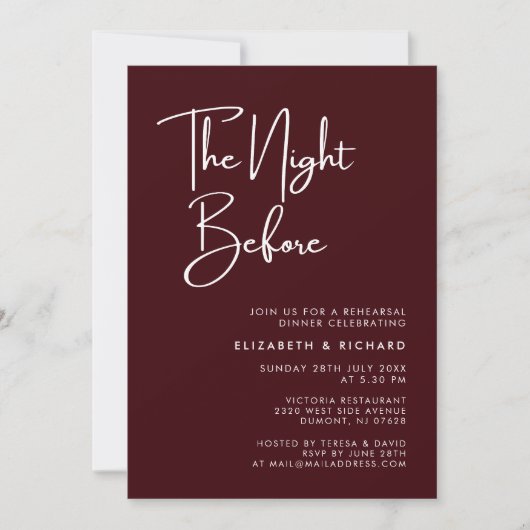 Elegant Burgundy The Night Before Rehearsal Dinner 招待状 (正面)