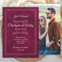 Elegant Burgundy Velvet Wedding Photo Announcement