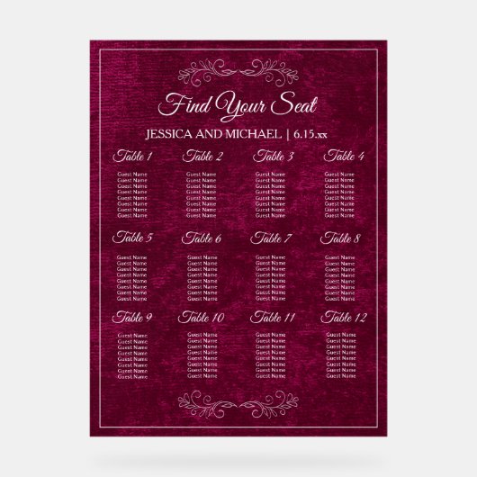 Elegant Burgundy Velvet Wedding Seating Chart  アクリルサイン (正面)