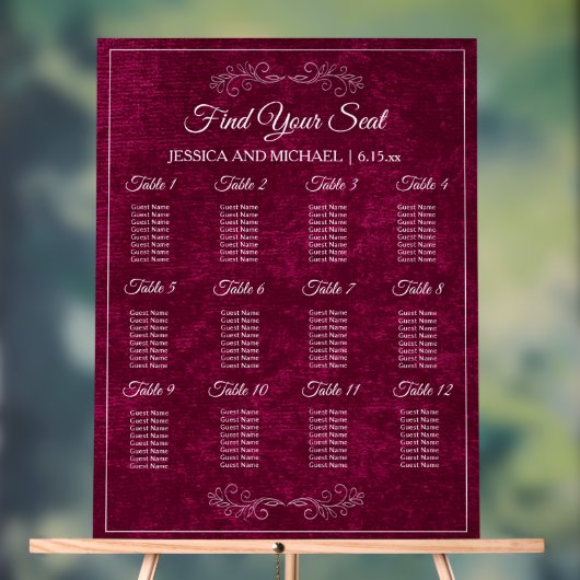 Elegant Burgundy Velvet Wedding Seating Chart  アクリルサイン (ニュートラル)