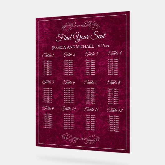 Elegant Burgundy Velvet Wedding Seating Chart  アクリルサイン (傾斜)