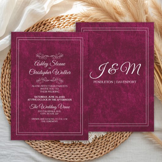 Elegant Burgundy Velvet White Monogram Wedding 招待状