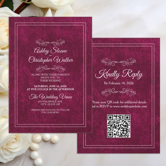 Elegant Burgundy Velvet White QR code Wedding 招待状