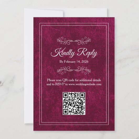 Elegant Burgundy Velvet White QR code Wedding 招待状 (裏面)