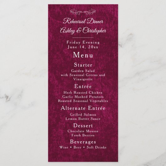 Elegant Burgundy Velvet White Rehearsal Dinner メニュー (正面)