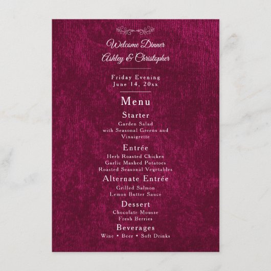 Elegant Burgundy Velvet White Welcome Dinner メニュー (正面)