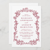 Elegant Burgundy Victorian Floral Frame Wedding 招待状 (正面/裏面)