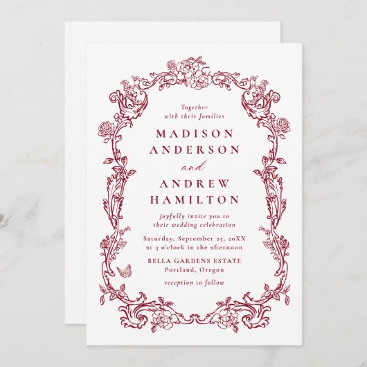 Elegant Burgundy Victorian Floral Frame Wedding 招待状 (正面/裏面)