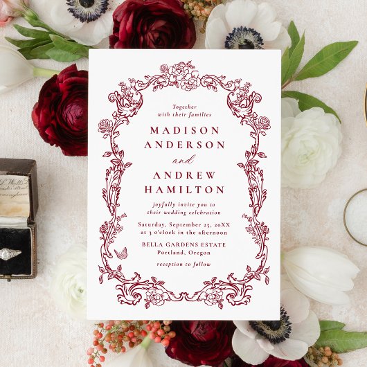 Elegant Burgundy Victorian Floral Frame Wedding 招待状