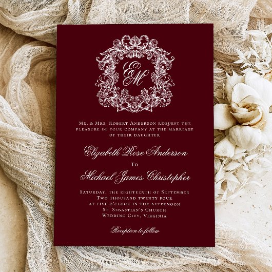 Elegant Burgundy Vintage Crest Monogram Wedding 招待状