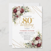Elegant Burgundy Watercolor Floral 80th Birthday 招待状 (正面)
