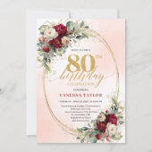 Elegant Burgundy Watercolor Floral 80th Birthday  招待状 (正面)
