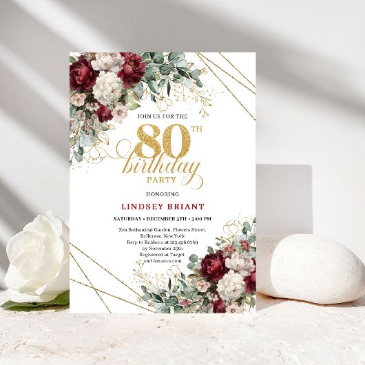 Elegant Burgundy Watercolor Floral 80th Birthday 招待状